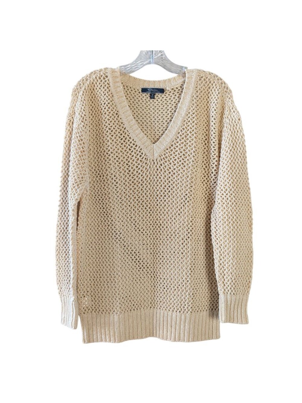 Tommy Bahama Denim Womens M Cream Open Knit V Neck Cotton Sweater Coastal
